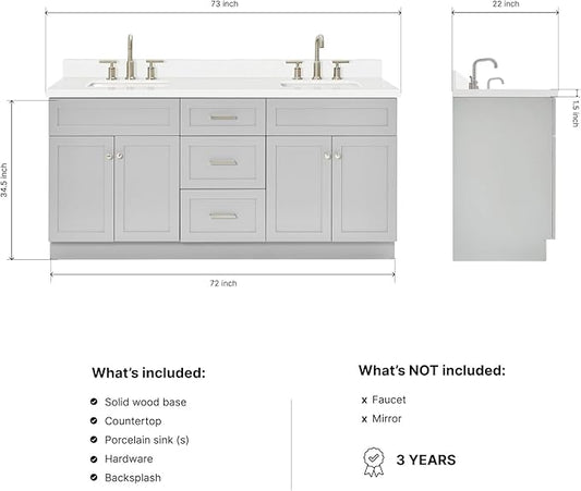 ARIEL Hamlet 72-inch Bathroom Vanity with Sink,Solid Wood, 1.5-inch Pure White Quartz Countertop & Backsplash, Double Rectangular Porcelain Sink, 4 Soft Closing Doors, 3 Dovetail Drawers, Grey