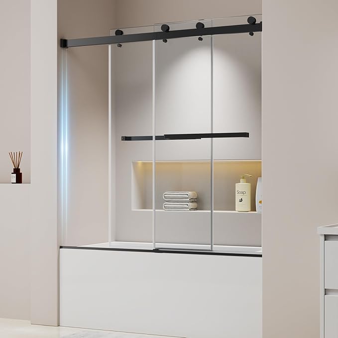 Frameless Sliding Bathtub Shower Door 60" W x 60" H, 1/4" (6mm) Clear Tempered Glass Tub Shower Door, Double Sliding Glass Shower Door with Full Stainless Steel Hardware, Matte Black