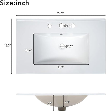 30″ Bathroom Vanity with Ceramic Sink, Modern Bathroom Vanity Cabinet with 2 Doors, Freestanding Mid-Century Restroom Sink Cabinet Combo with U-Shaped Adjustable Shelf (30")
