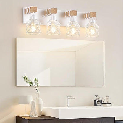 FadimiKoo 4-Light Farmhouse Vanity Lights for Bathroom, White Wood Bathroom Light Fixtures Over Mirror, Rustic Vanity Lights with Metal Shade, Bathroom Lighting for Living Room, Bedroom, Hallway