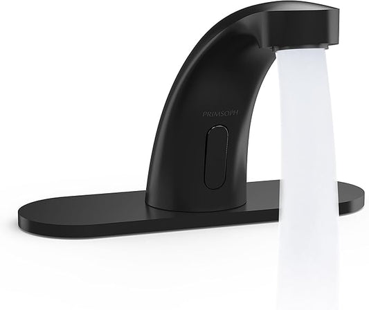 PRIMSOPH Automatic Motion Sensor Hands Free Electronic Infrared Smart Commercial Touchless Bathroom Sink Faucet with Cover Plate Temperature Mixer Battery or Plug-in Powered Matte Black