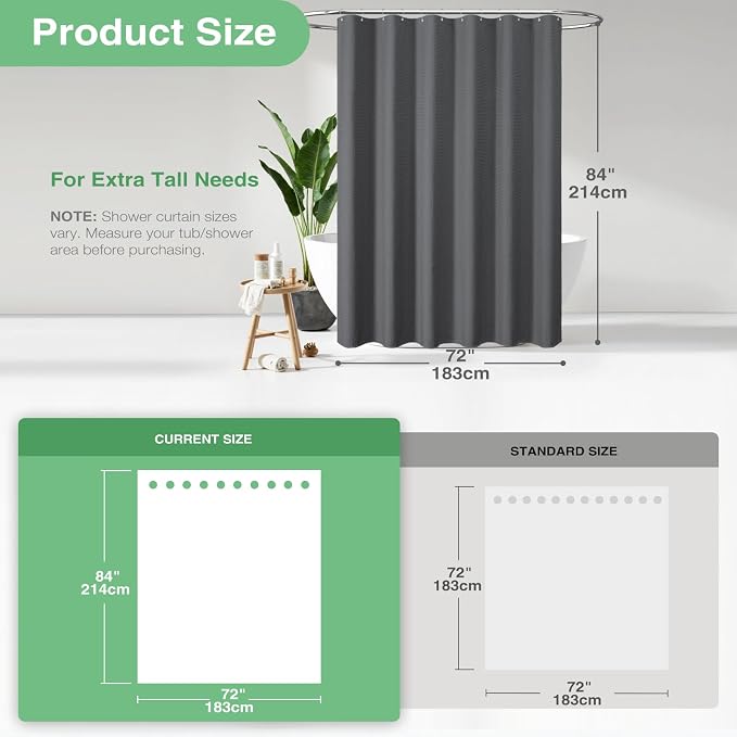 Extra Long Waffle Shower Curtain 256GSM Fabric 72x84 Charcoal Grey | 84 Inch Long, Thick Cloth, Weighted Hem, Water Repellent, Tall Hotel Luxury Polyester Shower Curtains for Bathroom 12 Hooks
