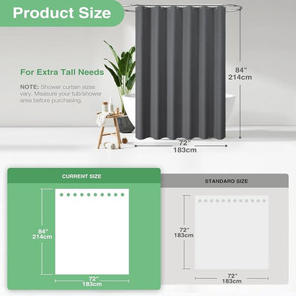 Extra Long Waffle Shower Curtain 256GSM Fabric 72x84 Charcoal Grey | 84 Inch Long, Thick Cloth, Weighted Hem, Water Repellent, Tall Hotel Luxury Polyester Shower Curtains for Bathroom 12 Hooks