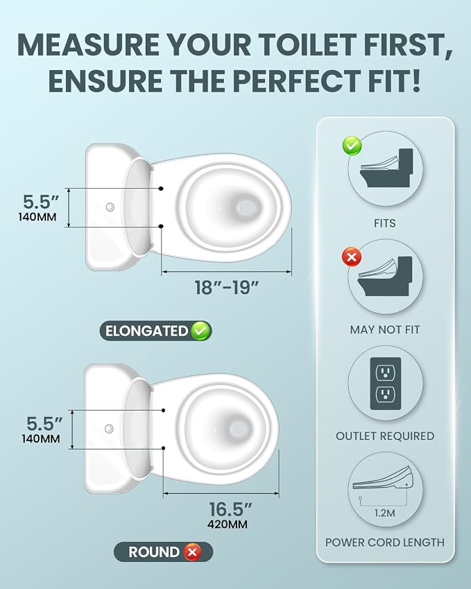Electric Bidet Toilet Seat Elongated, Heated Toilet Seat with Instant Warm Water & Air Dryer, 6 Wash Modes, Dual Control, Self-Cleaning Nozzle, Soft-Close Lid, Night Light, Eco & Child Friendly