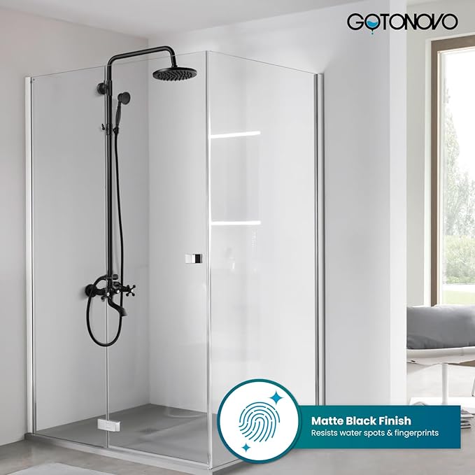 gotonovo Exposed Bathroom Shower Faucet Wall Mounted Shower System 8 Inch Shower Head and Tub Spout Double Cross Handles Adjustable Handheld Sprayer Straight Pipe Matte Black