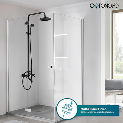 gotonovo Exposed Bathroom Shower Faucet Wall Mounted Shower System 8 Inch Shower Head and Tub Spout Double Cross Handles Adjustable Handheld Sprayer Straight Pipe Matte Black