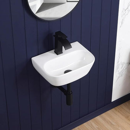 Small Vessel Sink 17"x12" Wall Mount Bathroom Sink Wall Mounted Oval Wall Hung Mini White Porcelain Ceramic Floating Tiny Sink,Easy Install, Durable, Space-Saving, Ideal for Home,RV