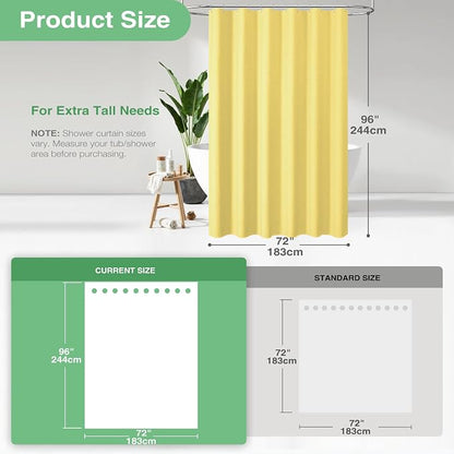 Extra Long Waffle Shower Curtain 256 GSM Fabric 72x96 Yellow | 96 Inch Tall, Thick Cloth, Weighted Hem, Water Repellent, Hotel Luxury Polyester Shower Curtain Set for Bathroom 12 Hooks