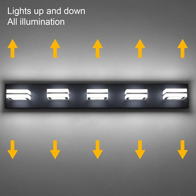 Ralbay Modern LED Black Vanity Light 5 Lights Modern LED Bathroom Vanity Lights Over Long Mirror Acrylic Up and Down Matte Black Bath Wall Lighting Fixtures