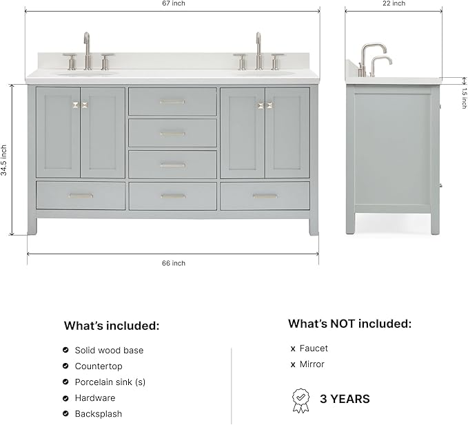 ARIEL Cambridge 66-inch Bathroom Vanity with Sink,Solid Wood, 1.5-inch Pure White Quartz Countertop & Backsplash, Double Oval Porcelain Sink, 4 Soft Closing Doors, 6 Dovetail Drawers, Grey