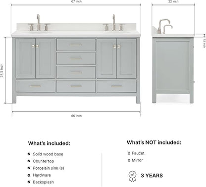ARIEL Cambridge 66-inch Bathroom Vanity with Sink,Solid Wood, 1.5-inch Pure White Quartz Countertop & Backsplash, Double Oval Porcelain Sink, 4 Soft Closing Doors, 6 Dovetail Drawers, Grey
