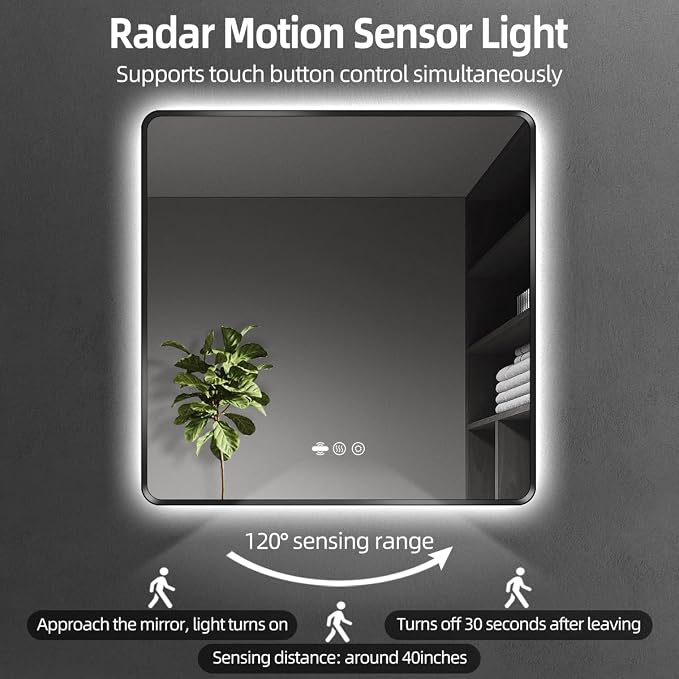 36" x 36" Black LED Bathroom Mirror with Lights - Motion Sensor | Smart Backlit Mirror Bathroom, Metal Framed, Anti-Fog, 3-Color Stepless Dimmable Lighted Mirror, Memory Function, CRI≥93