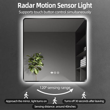 36" x 36" Black LED Bathroom Mirror with Lights - Motion Sensor | Smart Backlit Mirror Bathroom, Metal Framed, Anti-Fog, 3-Color Stepless Dimmable Lighted Mirror, Memory Function, CRI≥93