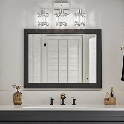 Crystal Modern Bathroom Light Fixtures, 3-Light Brushed Nickel Bathroom Vanity Wall Light, Vanity Lights for Mirror, Restroom, Bedroom (E26 Socket, Bulbs Not Included)