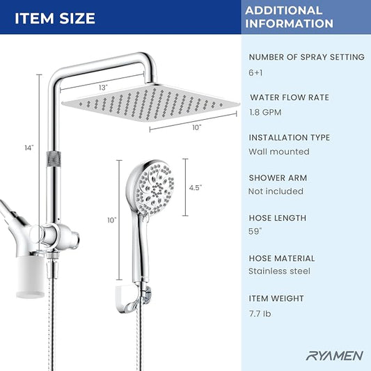 Upgraded Dual Shower Heads Combo, 10 inch Filtered Shower Head with Handheld, 3-Way Rain Shower Head with Filters, 7 Settings Handheld Spray, High Pressure, Height Adjustable (Silver)