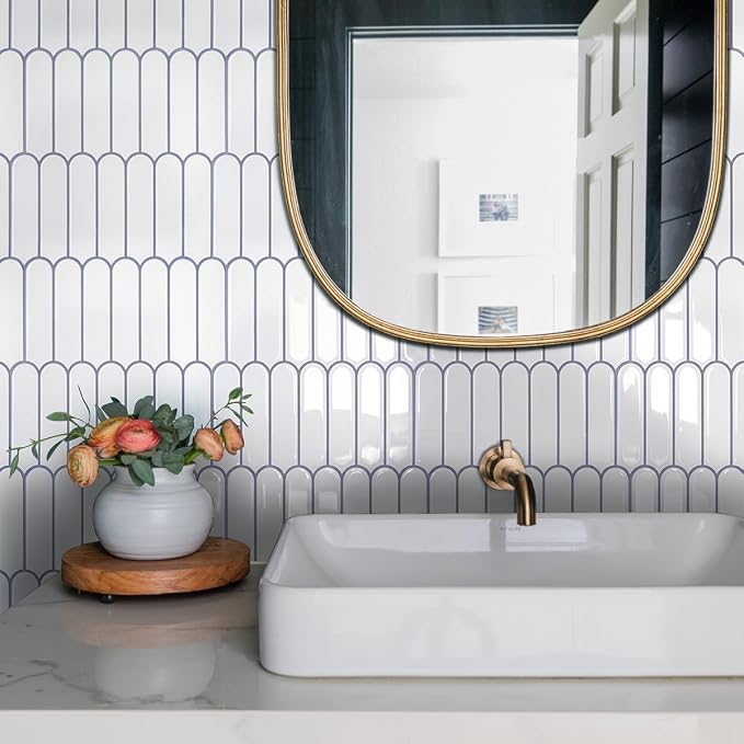 Commomy Thicker White Peel and Stick Tiles Backsplash - 10 pcs of 12" x 12" - 3D Adhesive Peel and Stick Backsplash for Kitchen, Bathroom, Removable, Waterproof, Vinyl Wall Tile (Gray Grout)