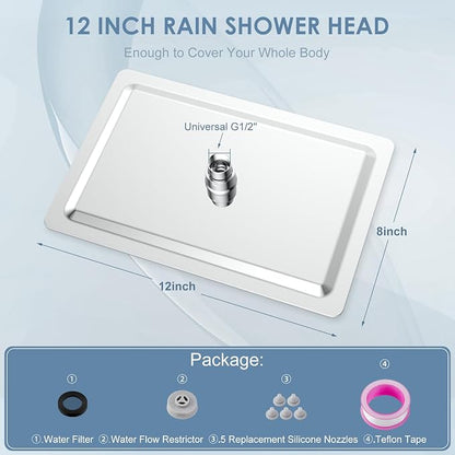 12x8 Inch Rectangle Rain Shower Head Chrome, All Metal Stainless Steel 304, Full Body Rainfall Shower with 112 Silicone Nozzles, Ceiling Rain Showerheads
