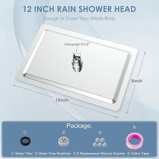 12x8 Inch Rectangle Rain Shower Head Chrome, All Metal Stainless Steel 304, Full Body Rainfall Shower with 112 Silicone Nozzles, Ceiling Rain Showerheads