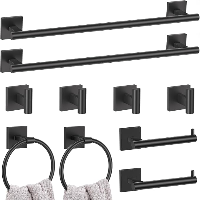 Lairuier 10-Piece Matte Black Bathroom Accessories, Towel Bar Set | Bathroom Hardware Set Includes SUS304 23.6" Towel Bar, Towel Ring, Toilet Paper Holder and Towel Hooks Wall Mounted