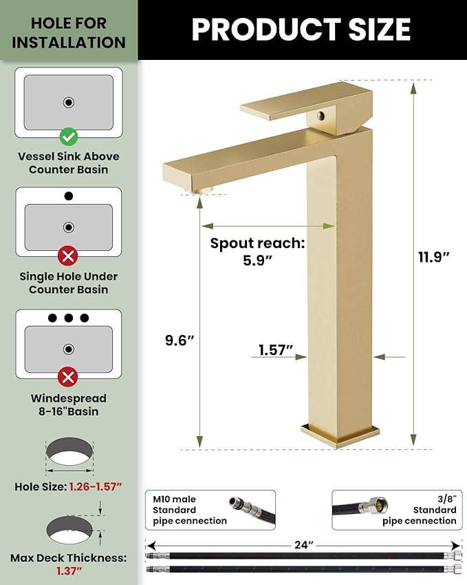 gotonovo Vessel Sink Faucet Single Handle Tall Bathroom Faucet One Hole Modern Lavatory Vanity Basin Mixer Tap Matching Supply Hoses and Pop up Drain Without Overflow, Brushed Gold