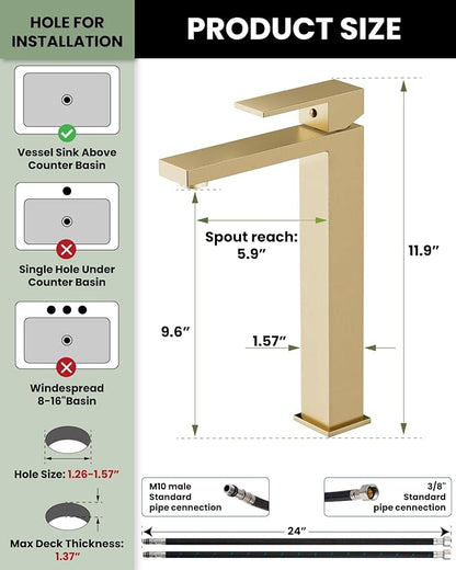 gotonovo Vessel Sink Faucet Single Handle Tall Bathroom Faucet One Hole Modern Lavatory Vanity Basin Mixer Tap Matching Supply Hoses and Pop up Drain Without Overflow, Brushed Gold