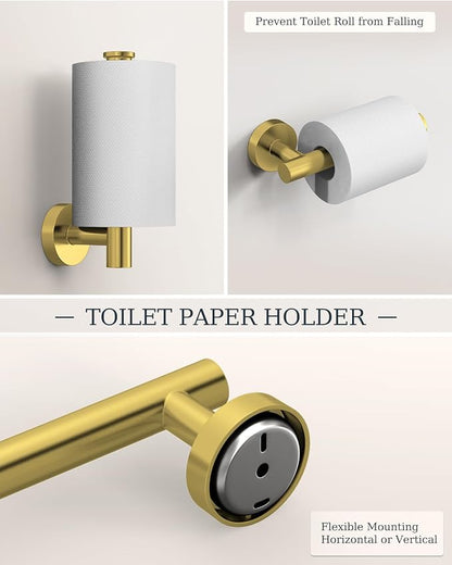 Brushed Gold Bathroom Hardware Set 10 Pieces Stainless Steel | Evolvegoods Bathroom Hardware Set, Includes 26 inch Towel Bar, 4 Towel Hook, 2 Towel Ring Toilet Paper Holder