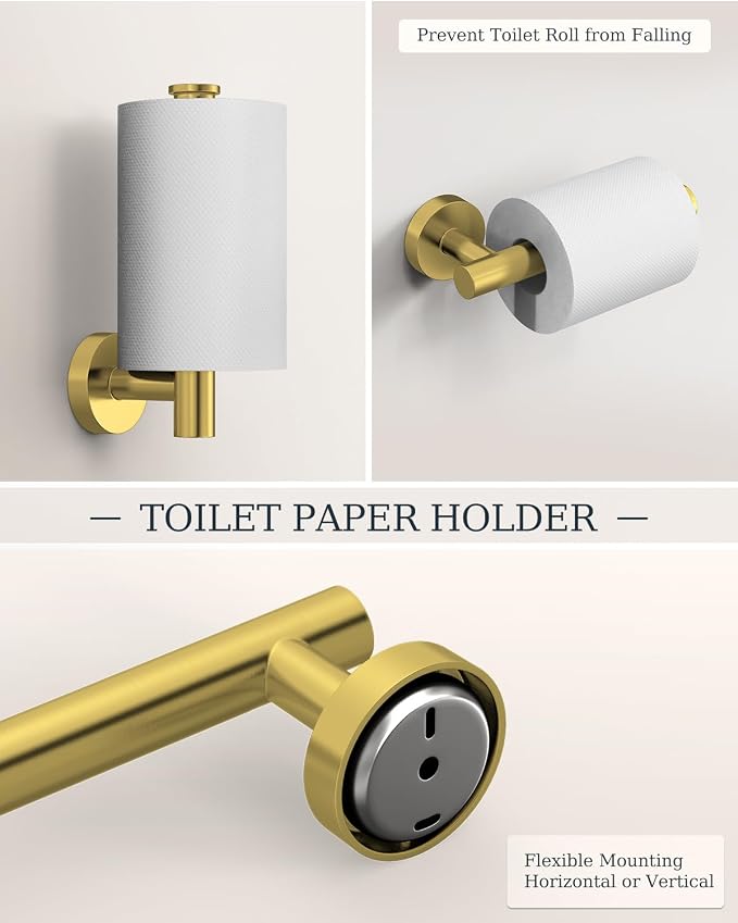 Brushed Gold Bathroom Accessories Set SUS304 Stainless Steel 6 Pieces | Evolvegoods Bathroom Hardware Set, 16&26 Inch Bath Towel Bar Set, 2 Towel Hooks, Toilet Paper Holder, Towel Racks