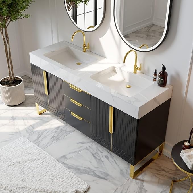 KunMai 59" Black Freestanding Bathroom Vanity with Faux Marble Top, Double Ceramic Vessel Sinks, Floor-Standing Design, 3 Drawers for Storage, Modern Bathroom Cabinet with Gold Hardware Finish