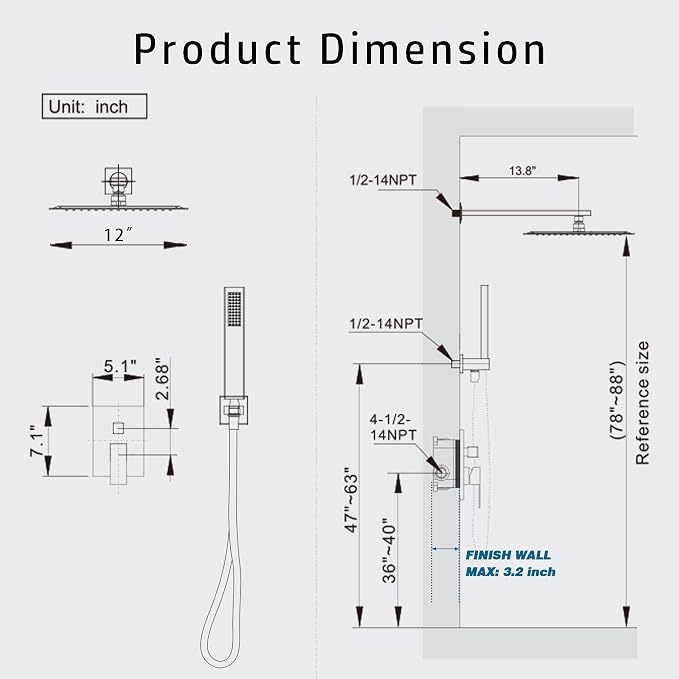 Alesco Shower Faucet Set, Black Shower System with 12-Inch High-Pressure Rainfall Showerheads and Handheld Spray combo, Showerfixture Include Valve and Trim Kit, Matte Black