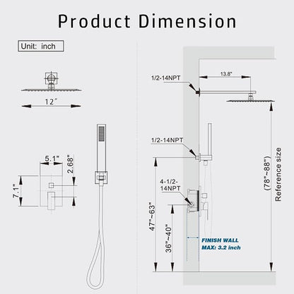 Alesco Shower Faucet Set, Black Shower System with 12-Inch High-Pressure Rainfall Showerheads and Handheld Spray combo, Showerfixture Include Valve and Trim Kit, Matte Black