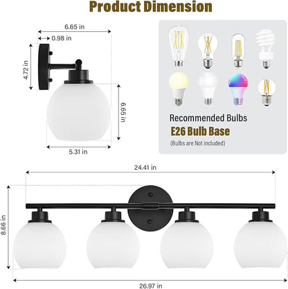 Matte Black Bathroom Light Fixtures, 4-Light Vanity Light Over Mirror | Modern Bathroom Lighting Over Mirror, Wall Sconces, Milky White Globe Glass Shades, E26 Socket,ETL Listed