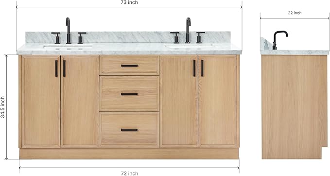 ARIEL Kelly 72-inch Bathroom Vanity with Sink,Solid Wood, 1.5-inch Italian Carrara Marble Countertop, Double Rectangular Porcelain Sink, 4 Soft Closing Doors, 5 Dovetail Drawers, White Oak