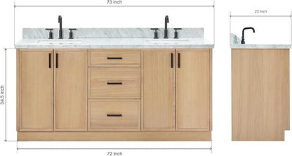 ARIEL Kelly 72-inch Bathroom Vanity with Sink,Solid Wood, 1.5-inch Italian Carrara Marble Countertop, Double Rectangular Porcelain Sink, 4 Soft Closing Doors, 5 Dovetail Drawers, White Oak