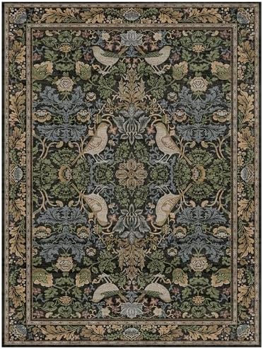 Washable Living Room Rug 6x8 - Green Floral Nature Rugs for Bedroom, Office, Dining Room Kitchen Table Rug for Under Table, Non-Slip Stain Resistant Low Pile Throw Carpet Indoor Door Mat