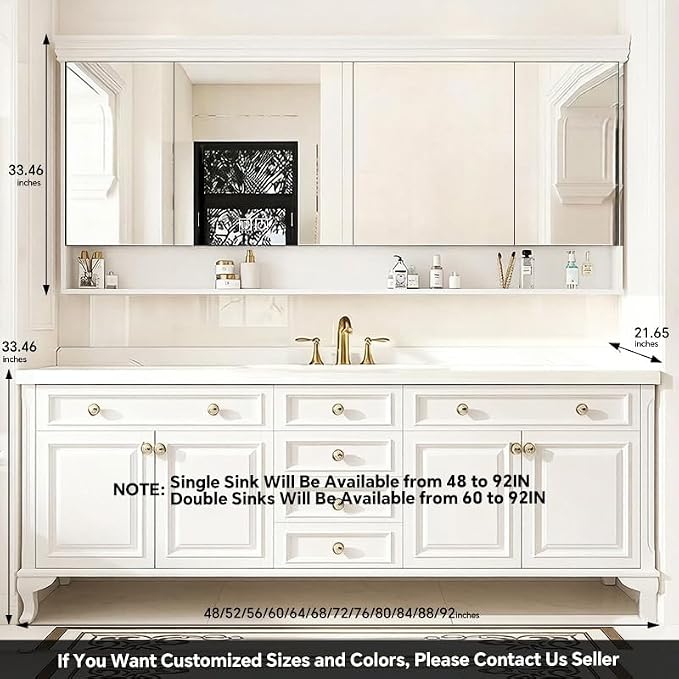48-92IN Single/Double Sink Bathroom Vanity, Defogging Smart Mirror, Modern American Free Standing Vanity with Bathroom Cabinet