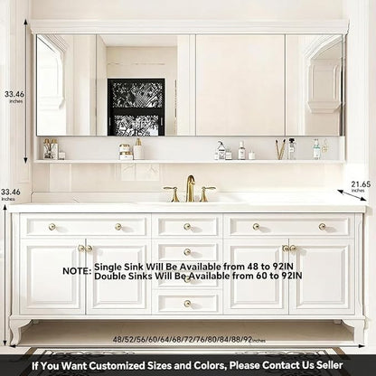 48-92IN Single/Double Sink Bathroom Vanity, Defogging Smart Mirror, Modern American Free Standing Vanity with Bathroom Cabinet