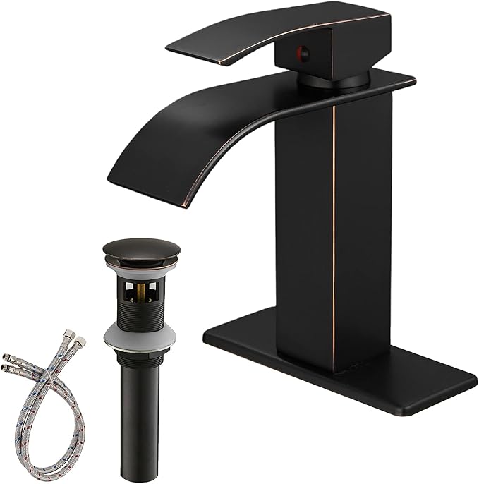 BWE Waterfall Bathroom Faucet Oil Rubbed Bronze Faucet for Bathroom Sink 1 Hole Single Handle Modern Vanity Faucet Lavatory Bath Mixer Tap with Pop Up Drain Assembly with Overflow and Supply Line