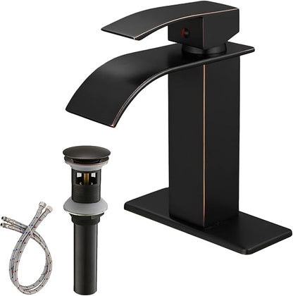 BWE Waterfall Bathroom Faucet Oil Rubbed Bronze Faucet for Bathroom Sink 1 Hole Single Handle Modern Vanity Faucet Lavatory Bath Mixer Tap with Pop Up Drain Assembly with Overflow and Supply Line