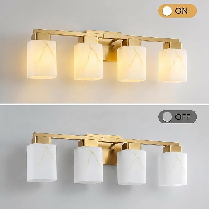 4-Light Square Bathroom Light Fixture, Gold Modern Vanity Light with White Marble Glass Shade, for Bathroom Mirror, Living Room, Bedroom, Hallway, E26 Base