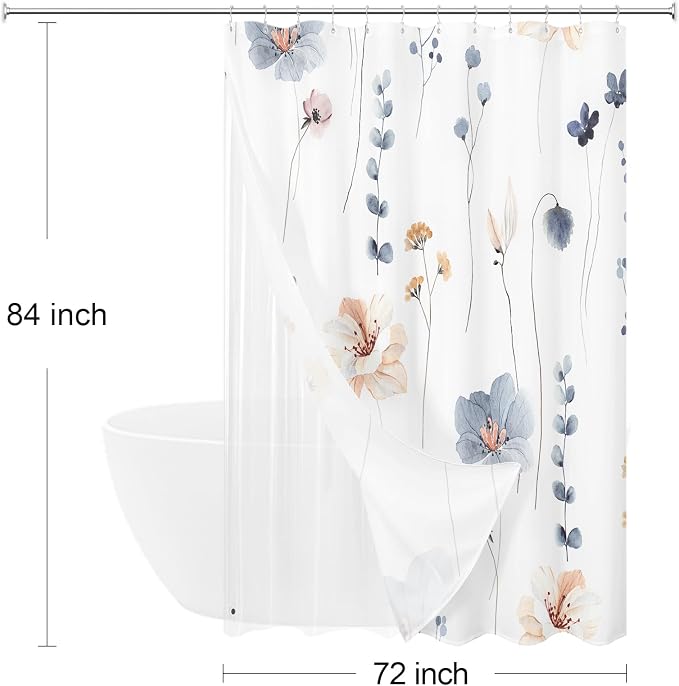Extra Long 3 in 1 Shower Curtain Set, 72x84 | Extra Long 3 in 1 Shower Curtain Set, PEVA Liner Set & 12 Double Sided Steel Hooks, Waterproof Fabric Bathroom Curtain