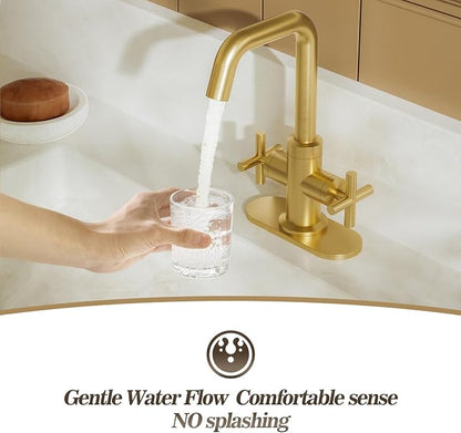 Brushed Gold 2-Handle 4 Inch Centerset Single Hole Bathroom Faucet with Drain,Deck Plate and Supply Hoses, Fit for 1 or 3 Hole, SGF002-10-BG