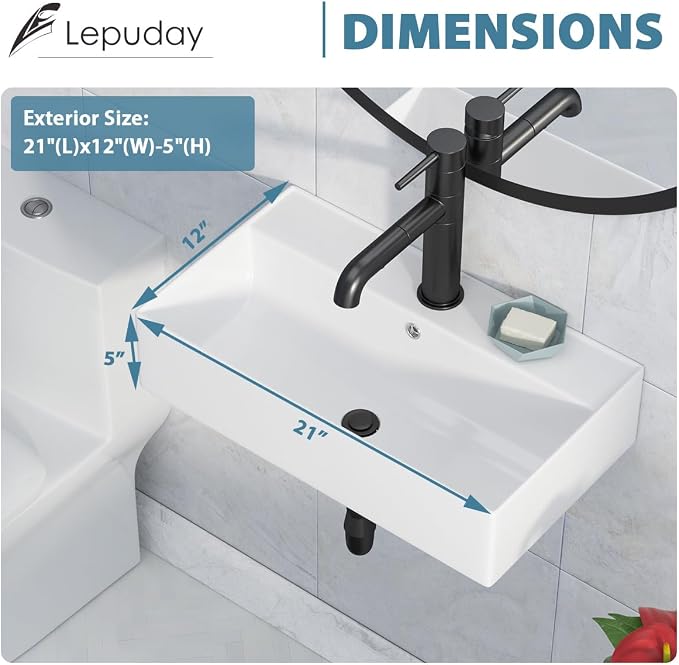 Wall Mounted Bathroom Sink Rectangle Vessel Sink 21" x 12" | Modern Bathroom Compliant Ceramic Bathroom Sinks Porcelain Wall Hung Sink Wash Hand Basin Vanity Sink for Lavatory Room