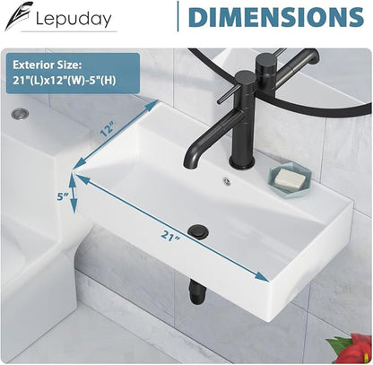 Wall Mounted Bathroom Sink Rectangle Vessel Sink 21" x 12" | Modern Bathroom Compliant Ceramic Bathroom Sinks Porcelain Wall Hung Sink Wash Hand Basin Vanity Sink for Lavatory Room