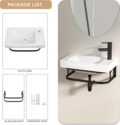 Logmey 19 Inch Wall Mount Bathroom Sink 19-1/2"x11" Rectangule Floating Sink White Porcelain Ceramic Wall Mounted Vessel Sink Wash Hand Basin with Bracket