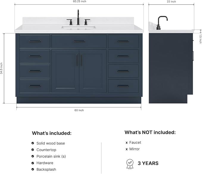ARIEL Hepburn 60-inch Bathroom Vanity with Sink,Solid Wood, 1.5-inch Carrara White Quartz Countertop, Single Rectangular Porcelain Sink, 2 Soft Closing Doors, 9 Dovetail Drawers, Midnight Blue