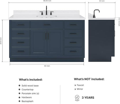 ARIEL Hepburn 60-inch Bathroom Vanity with Sink,Solid Wood, 1.5-inch Carrara White Quartz Countertop, Single Rectangular Porcelain Sink, 2 Soft Closing Doors, 9 Dovetail Drawers, Midnight Blue