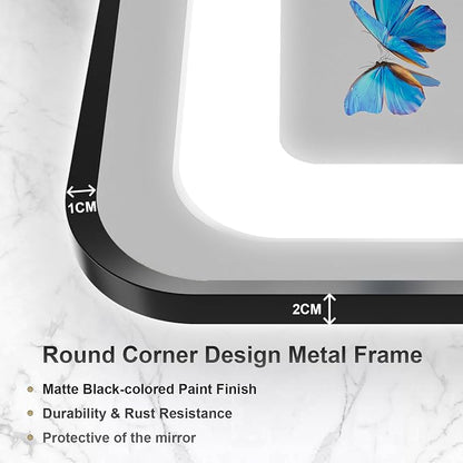 20"x 28" LED Bathroom Mirror with Black Framed, Front and Backlit, Lighted Bathroom Mirror for Wall with Stepless Dimmable, Anti-Fog, Memory, 3 Colors, Round Corner LED Vanity Mirror with Lights