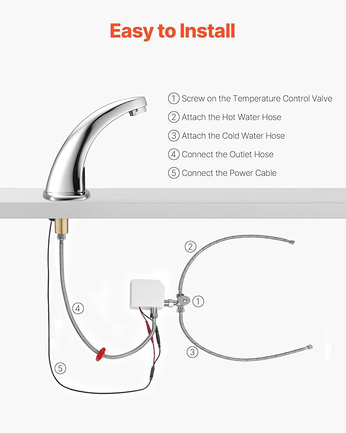 VEVOR Touchless Bathroom Sink Faucet, Automatic Motion Sensor Restroom Toilet Faucet with Hole Cover Plate, Battery Operated,Hot/Cold Water for 9/16 in Pipe Commercial Lavatory,Chrome Plated Silver