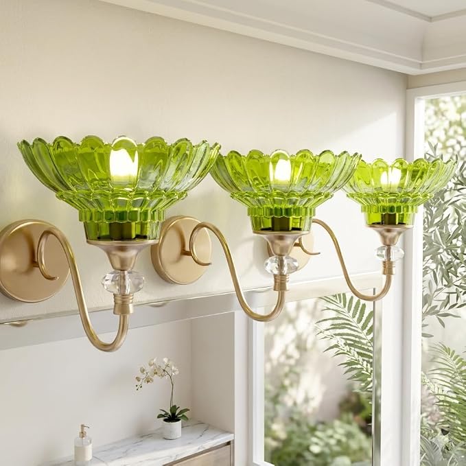 1-Light Copper Vintage Vanity Light with Green Crystal Glass Shade | Wall Sconce Fixtures Bathroom Wall Lamp for Mirror Bathroom Kitchen Living Room Porch Vanity Bedroom