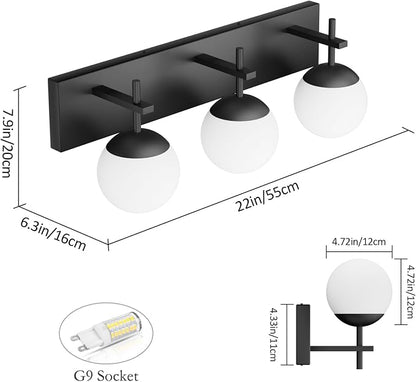 Ralbay Matte Black Bathroom Vanity Light - 3-Light Mid Century Modern Black Bathroom Lights Fixtures with Milky Glass Globe